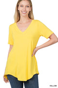 Short Sleeve V Neck High Low Top - Yellow