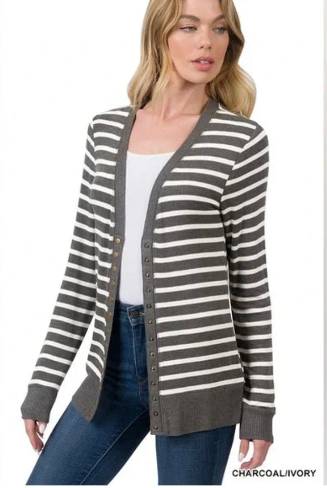 Striped Snap Cardigan - Charcoal & Ivory