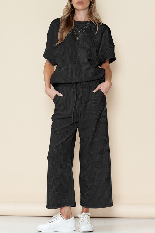 Black Textured Short Sleeve Pants Set