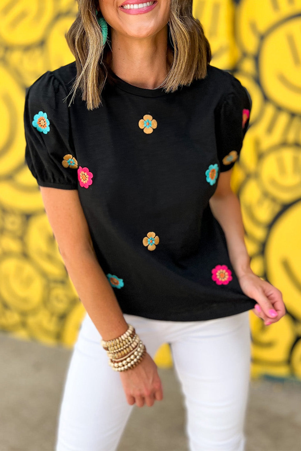 Embroidered Flower Puff Sleeve Top