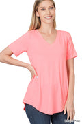 Short Sleeve V Neck High Low Top - Bright Pink