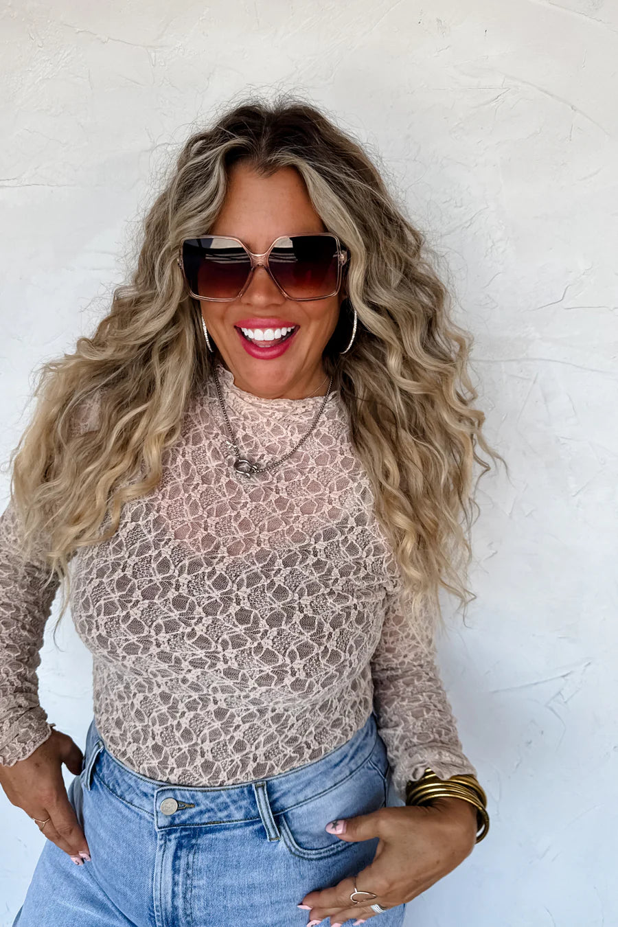 Beige Jolie Lace Thumbhole Top