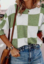 Load image into Gallery viewer, Green Checkered Shirred Sleeve Blouse
