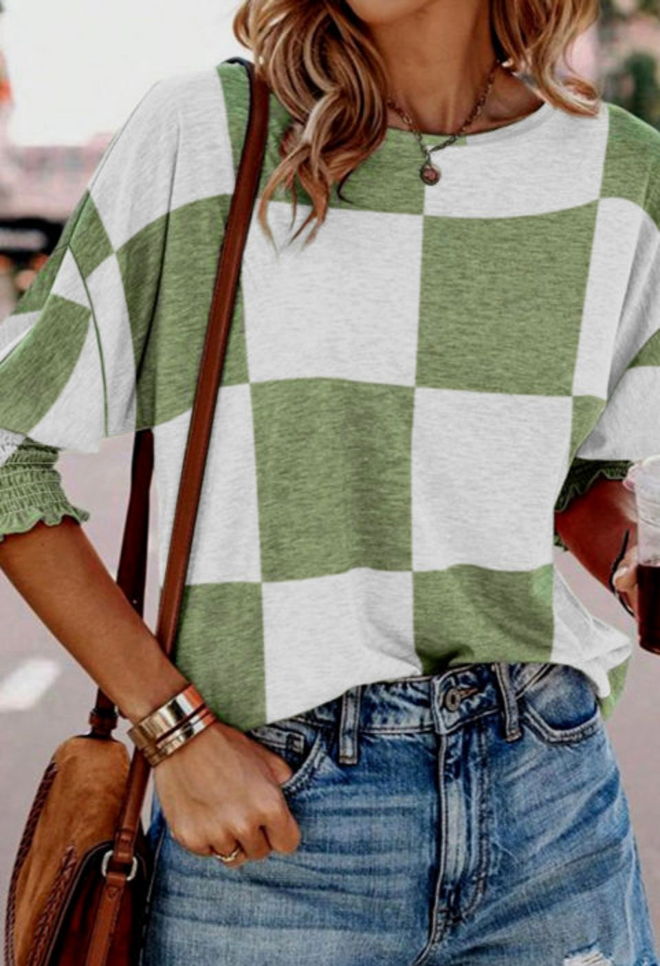 Green Checkered Shirred Sleeve Blouse