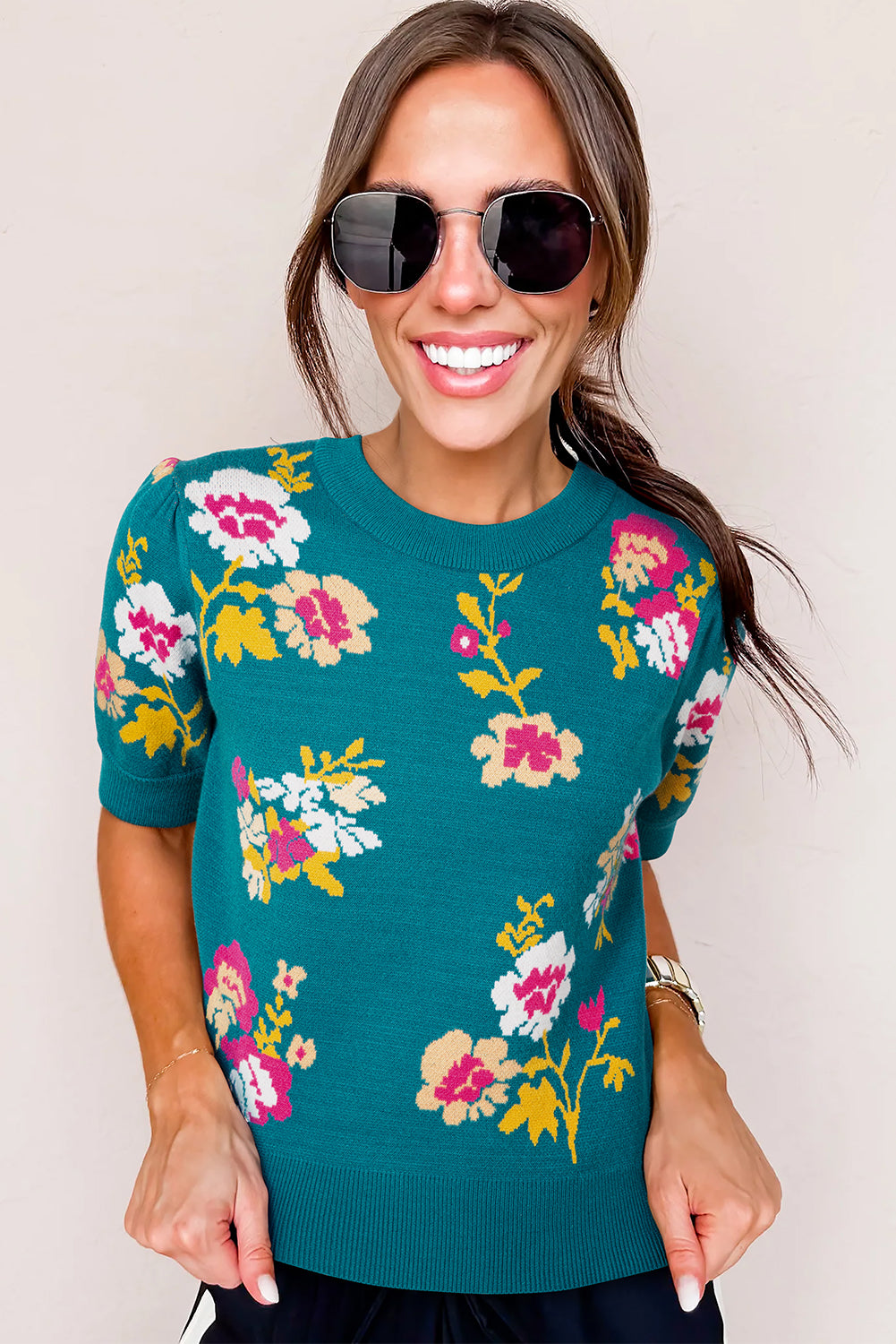 Blue Floral Short Sleeve Sweater