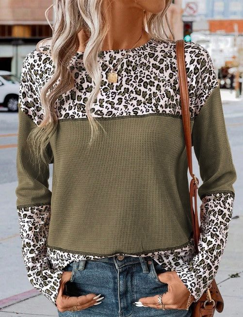 Green & Leopard Waffle Patchwork Top
