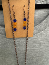 Load image into Gallery viewer, Blue &amp; Orange Flower Beaded Necklace &amp; Earring Set
