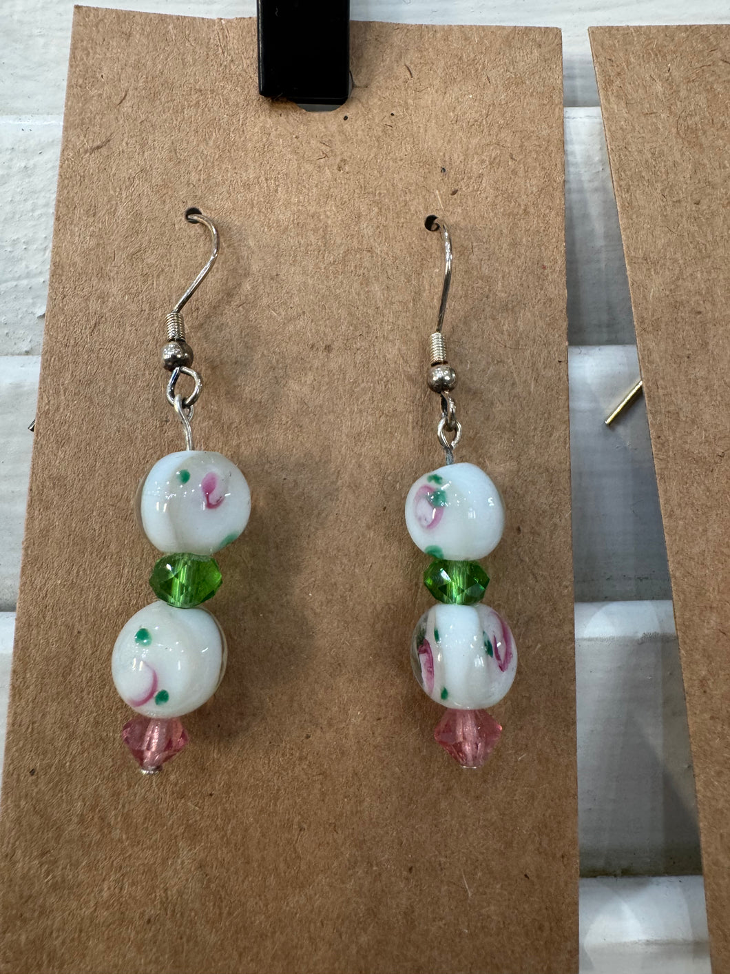 Green & Pink Beaded Dangle Earrings