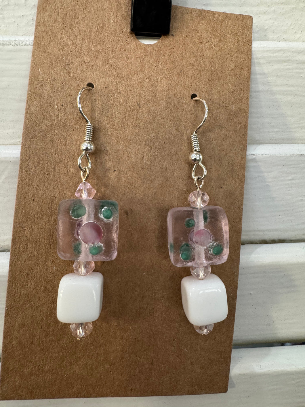 Pink Square Beaded Dangle Earrings