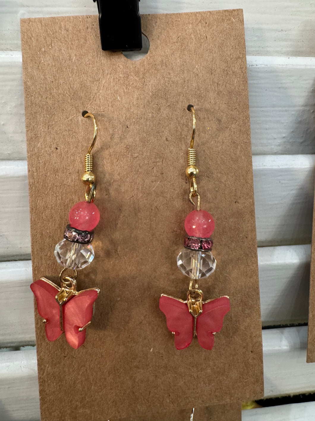 Pink Butterfly Beaded Dangle Earrings