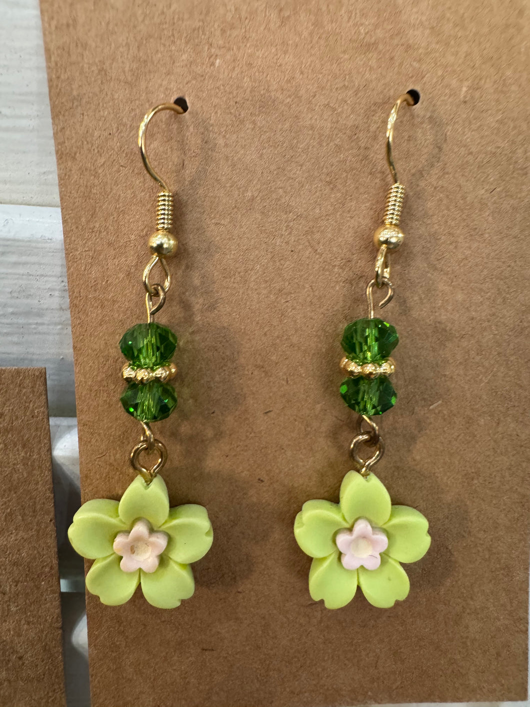 Green Flower Beaded Dangle Earrings