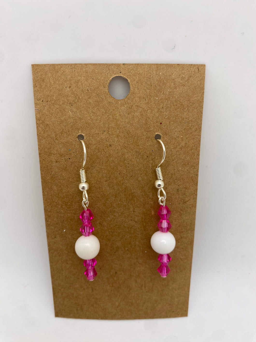White & Hot Pink Beaded Dangle Earrings