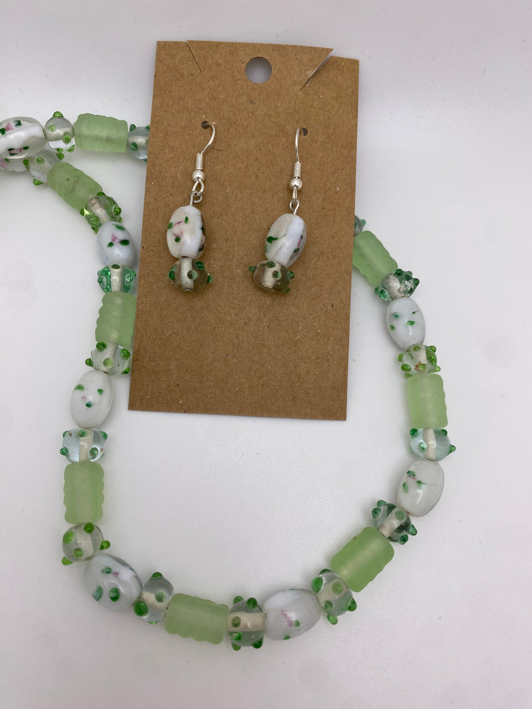 Green & White Beaded Necklace & Earring Set